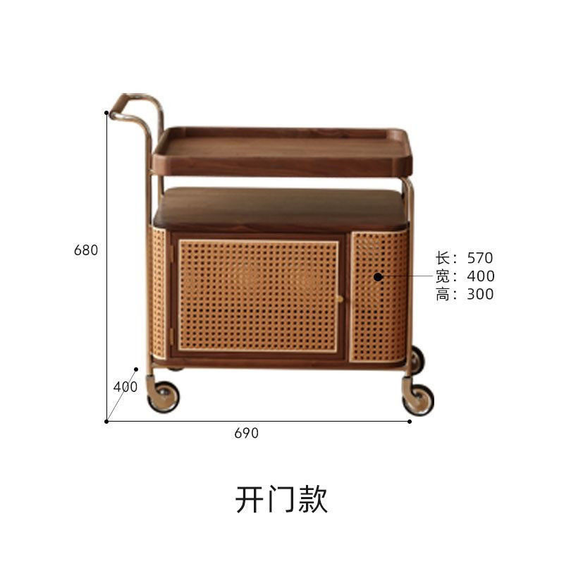 置物黑胡桃木实木茶几设计师藤编茶几北欧边柜沙发边几收纳小推车