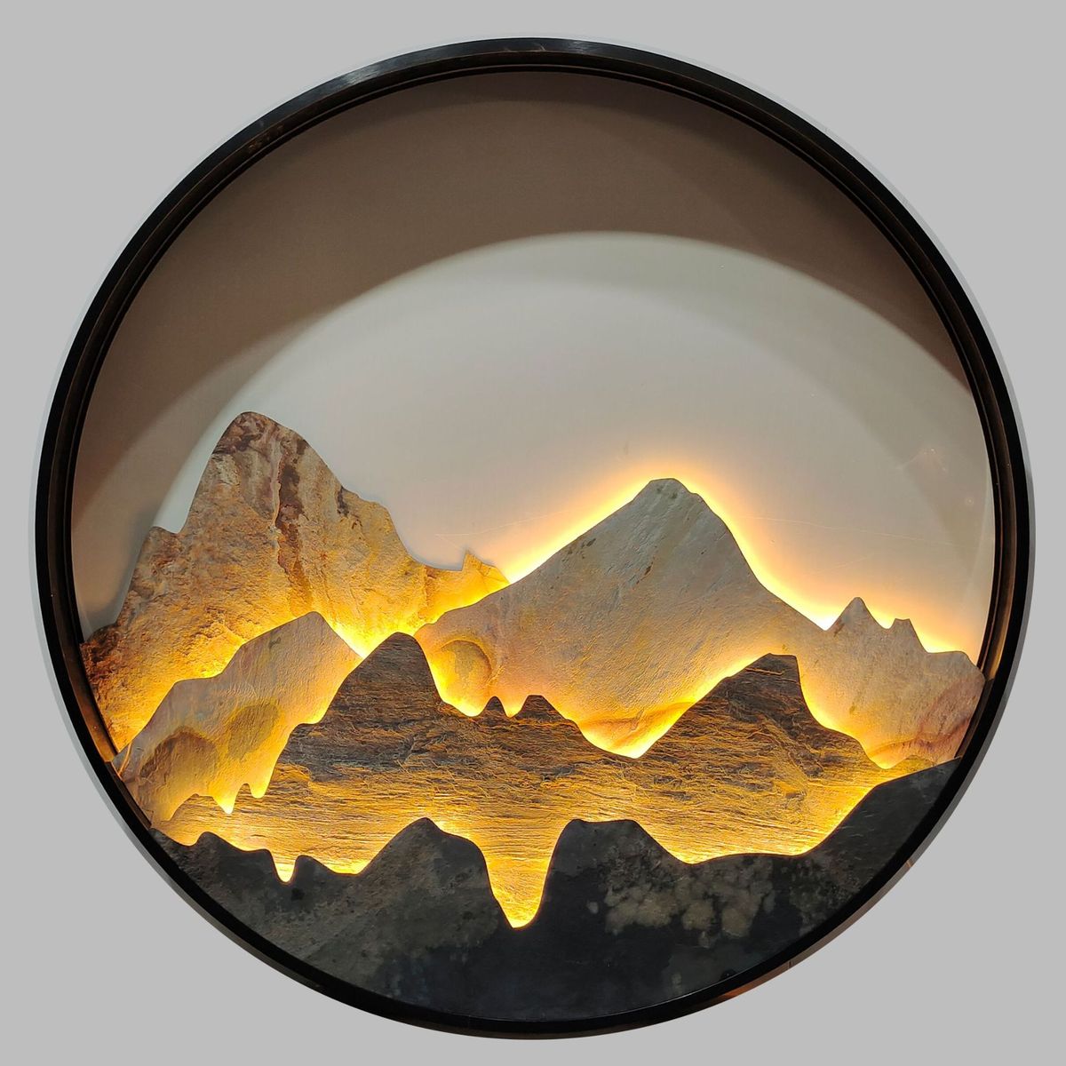 仁龙中式圆形装饰画卧室床头背景墙走廊山水带灯立体板岩玄关挂画