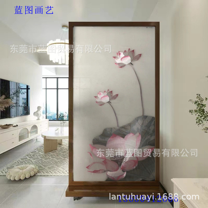 大尺寸单双面半透明纱布刺绣苏绣酒店大厅装饰画屏风玄关水墨荷花图片
