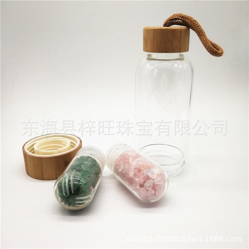 热销竹盖水晶碎石能量杯水瓶玻璃瓶茶杯健康运动水瓶印制logo