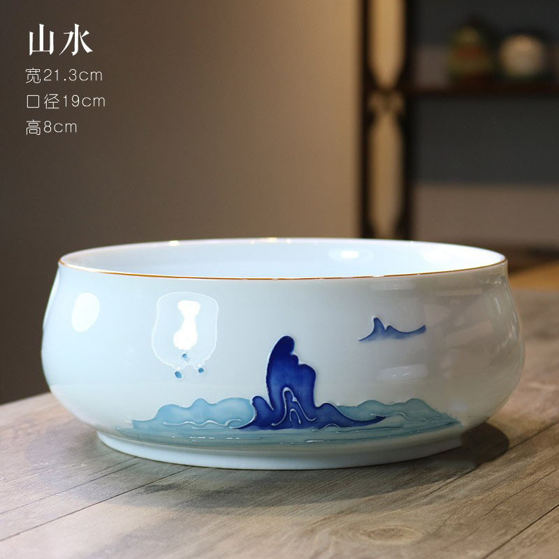 大手绘浮雕茶洗雅致白瓷大号杯洗笔洗茶渣盆陶瓷家用功夫茶具