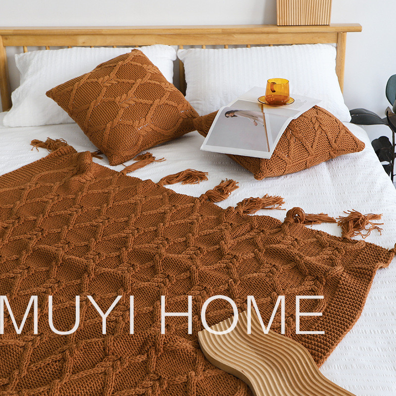 2toe批发复古美式秋冬加厚粗毛线编织毯棒针流苏床尾毯民宿沙发毯