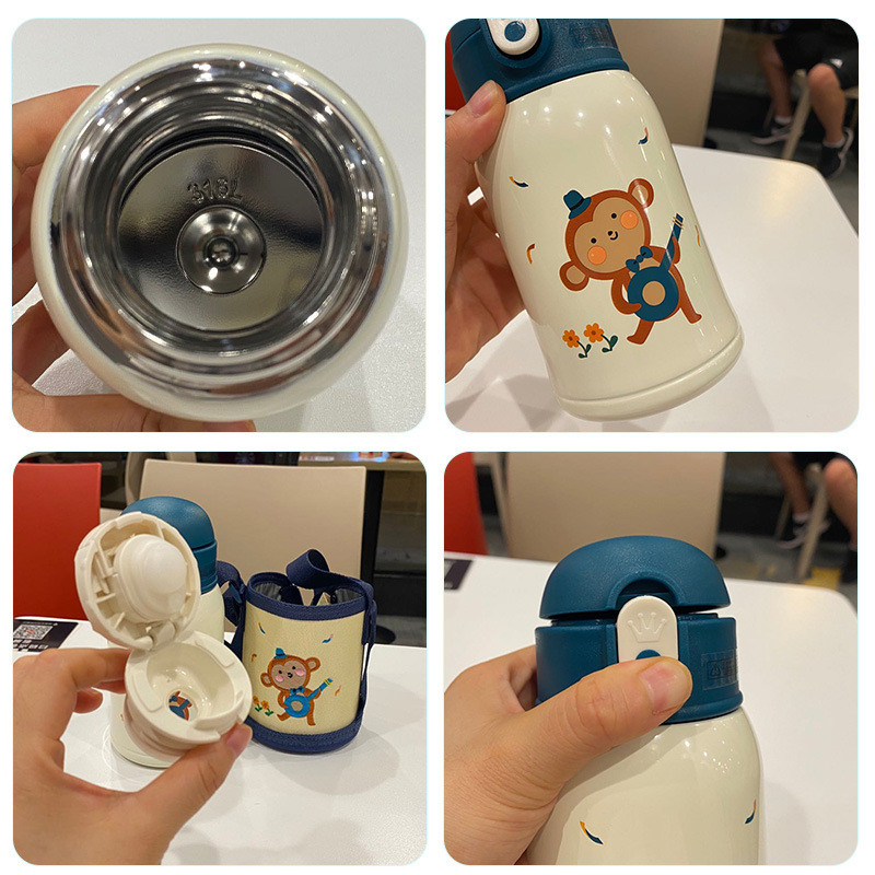 9QXC可爱儿童保温杯便携316L不锈钢水壶一杯双盖两用带杯套学生防