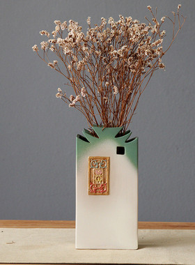 热销创意粗陶花瓶陶瓷花瓶建筑风格复古粗陶花插徽派花器家居摆件