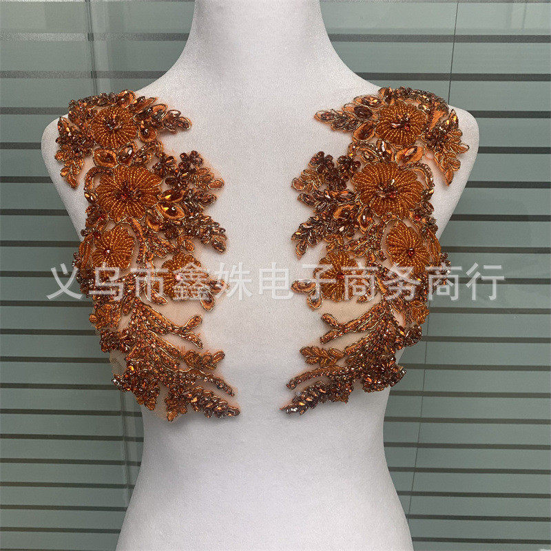 1对重工钉珠绣订钻花朵奢华珠对花领口胸花diy配饰