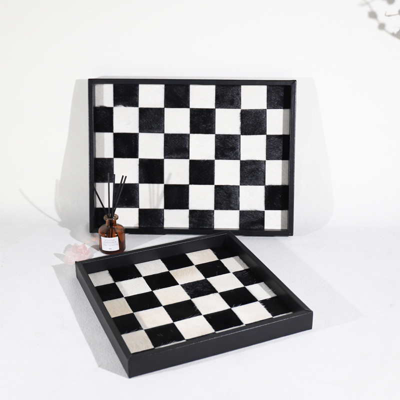 现代创意棋盘格撞色马毛托盘样板间家居客厅卧室首饰收纳盘新品