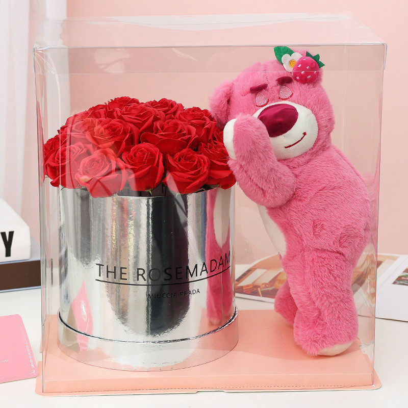 创意草莓熊抱抱桶香皂花网红学生卧室氛围感摆件情人节送女友花束