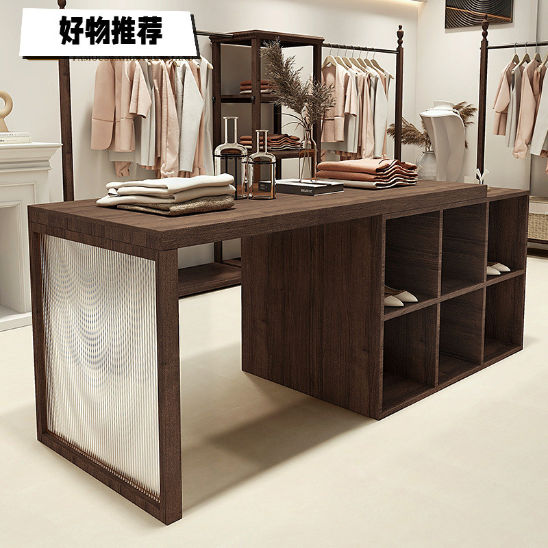 服装店实木桌子中间摆放轻复古中岛展示台网红女装店亚克力流水台