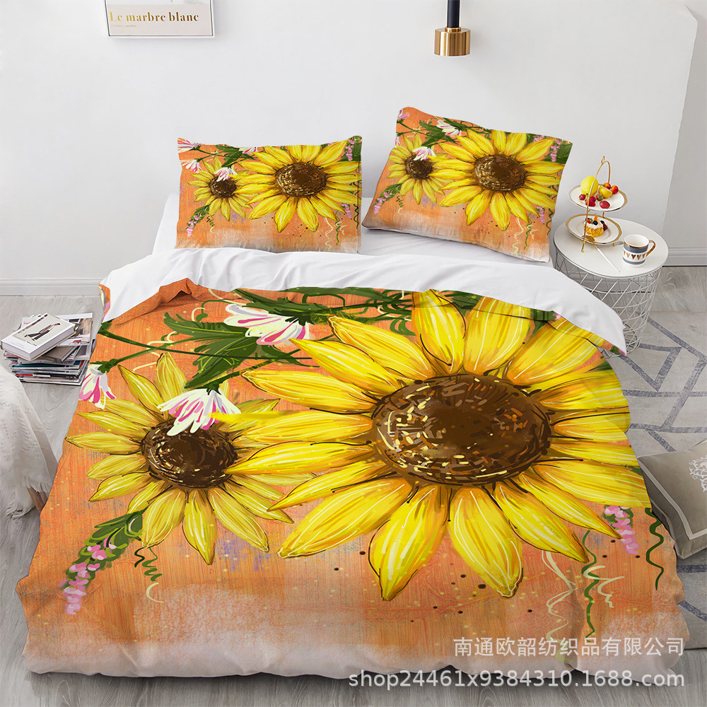 外贸3d数码印花被套向日葵枕套三件套床上用品四件套