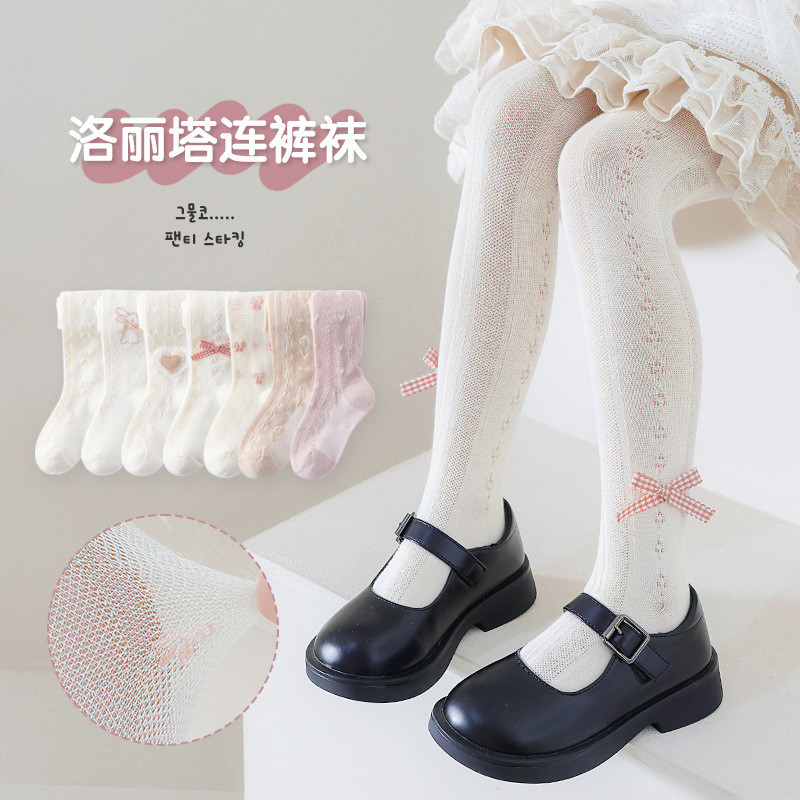 2025夏季新款女童蝴蝶结薄款宝宝透气网眼打底袜a类棉儿童连裤袜