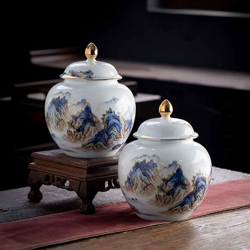 景德镇文创陶瓷千里江山茶盘盖具套装中式高档盖碗功夫茶叶罐礼品