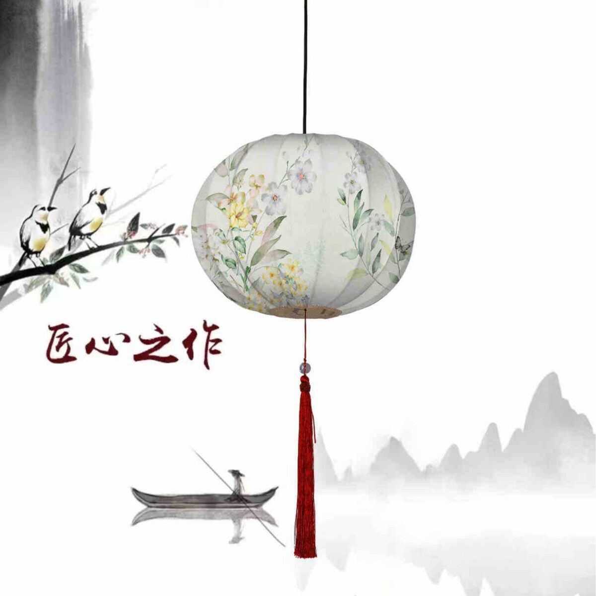 手绘彩色圆形广告灯笼中国风布艺春节景区餐厅装饰新中式创意吊灯
