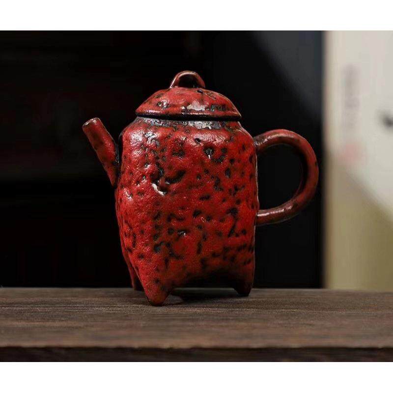 粗陶老岩泥汉中单壶秤砣茶壶家用功夫茶具球孔过滤描金泡茶器四方