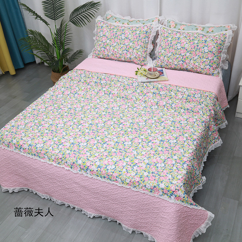 外贸韩式田园小碎花床盖三件套公主风裙边全棉双人绗缝床单空调被