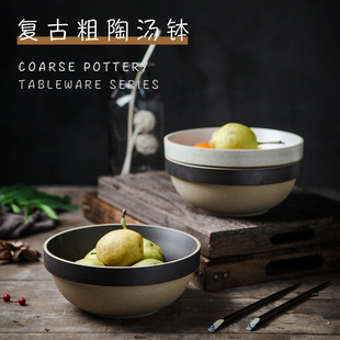 粗陶碗陶瓷汤钵碗家用吃饭可微波 手工隔热汤面碗黑白餐具食器日式