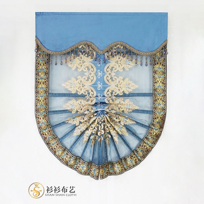 轻奢欧式绣花纱帘蓝灰色升降扇形帘罗马帘厨房餐厅窗帘含升降轨道