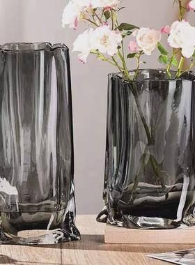 轻奢网红褶皱高级感样板间玻璃水养插花花瓶酒店装饰客厅餐桌摆件