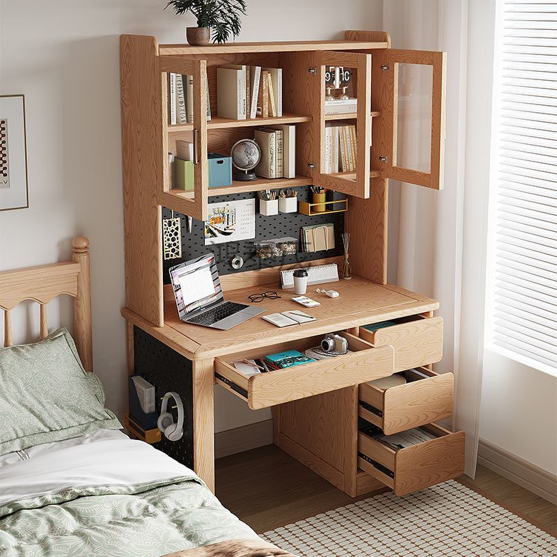 htm1现代简约书桌家用学生学习桌电脑桌带书架卧室书柜全实木小户