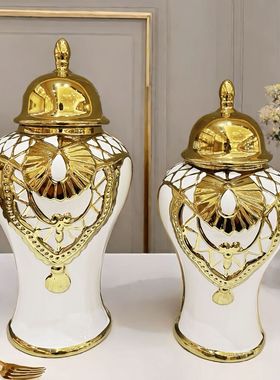 热销陶瓷轻著花瓶将军獾 欧式花插电镀工艺品摆件玄关软装装饰储