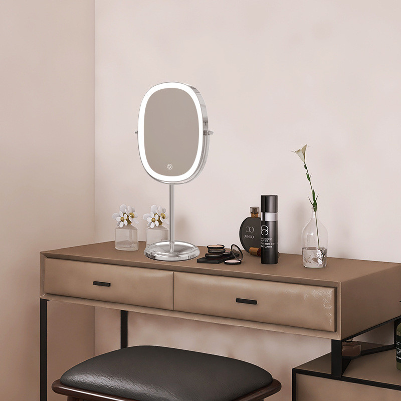 2023五金美妆镜子led台式双面新款镜椭圆金属桌面带灯化妆镜