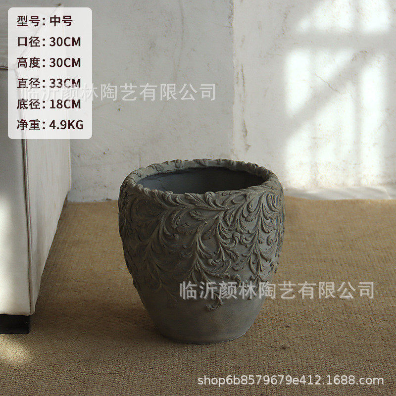 北欧浮雕庭院圆形客厅阳台酒店水泥花盆大口径绿植盆商场装饰摆设