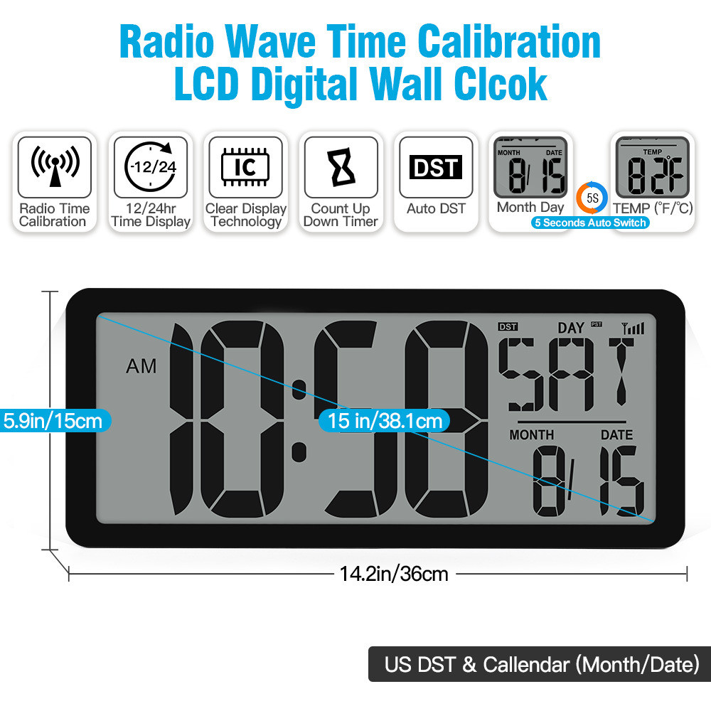 闹钟英文14.2英寸多功能电波校时含贪睡厂家直销正倒计时器挂钟