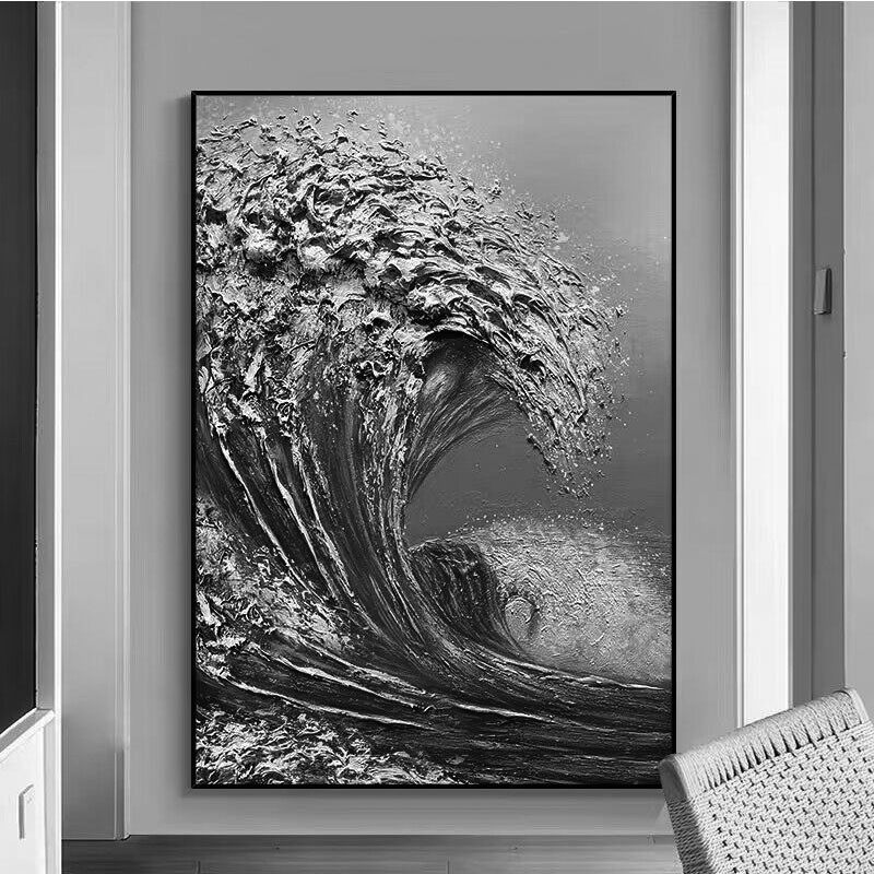手绘油画沙滩海浪厚肌理立体大幅客厅装饰画黑白现代简约入户壁画