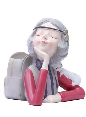 新款可爱女孩化妆刷收纳盒树脂工艺品摆件家居办公室桌面装饰品