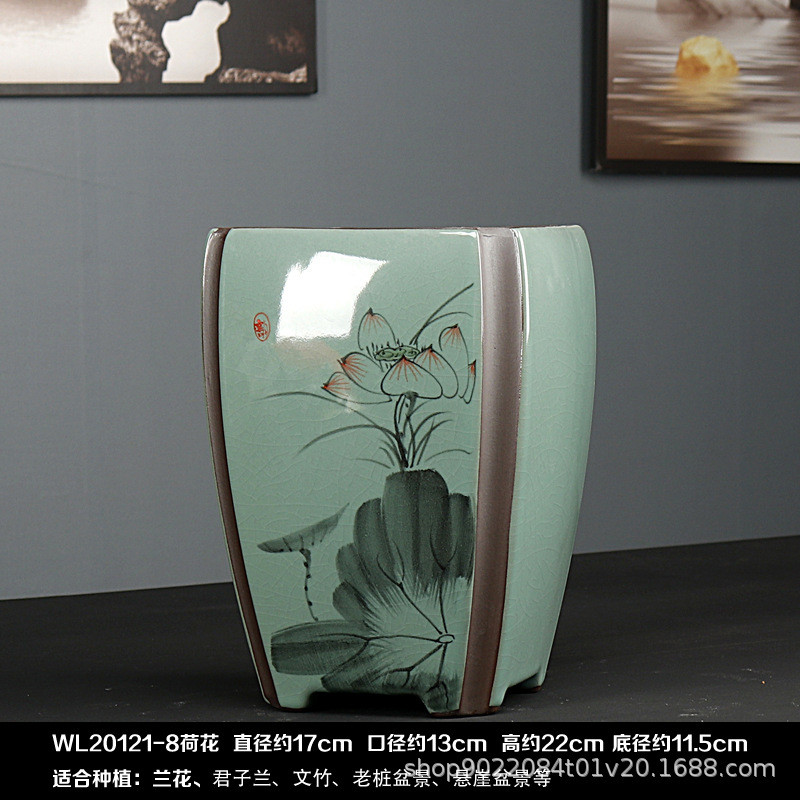 简约中国风哥窑陶瓷盆特大号兰花专用盆景绿植盆高款四方紫砂盆栽