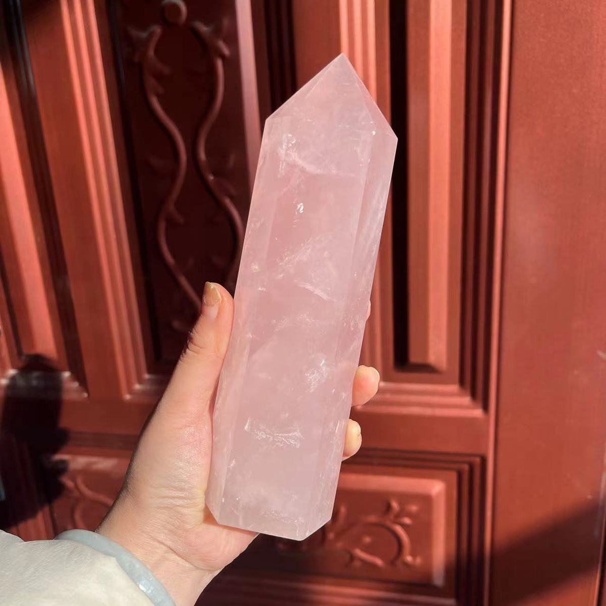 热销天然半宝石粉晶紫晶原石切割水晶大柱子六棱单尖居家摆件