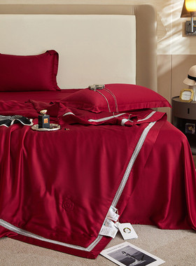 v2ws批发婚庆兰精天丝夏被四件套夏季冰丝结婚空调被红色薄被夏凉