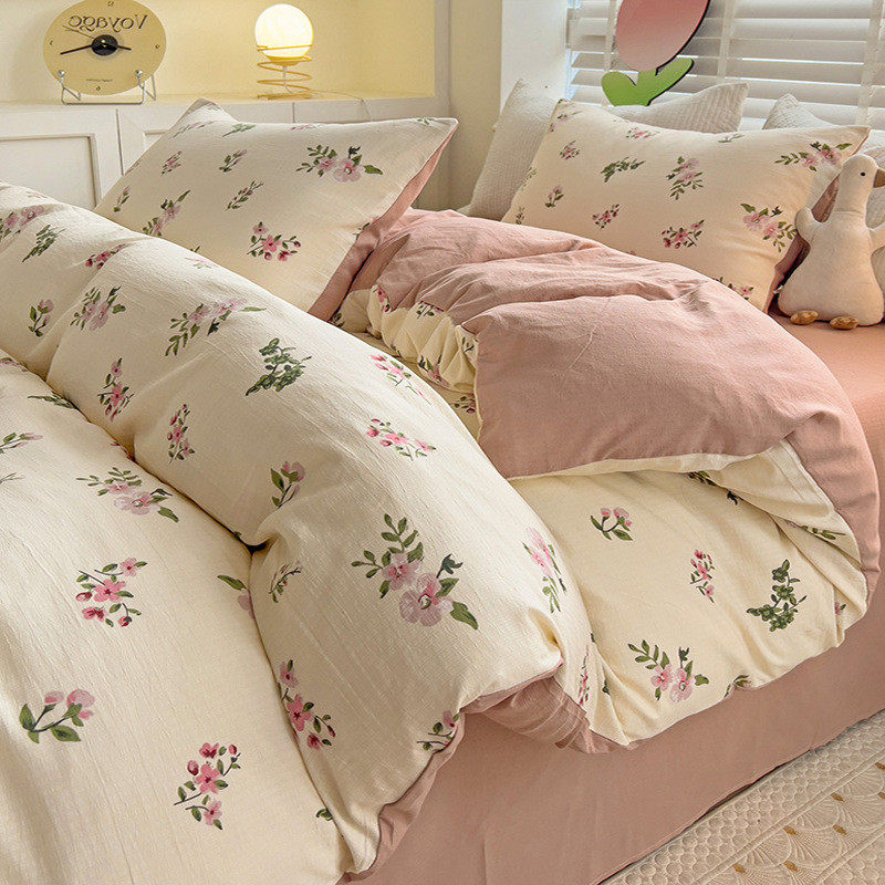 提花双层纱小竺棉四件套复古小清新印花床单被套床笠床上用品