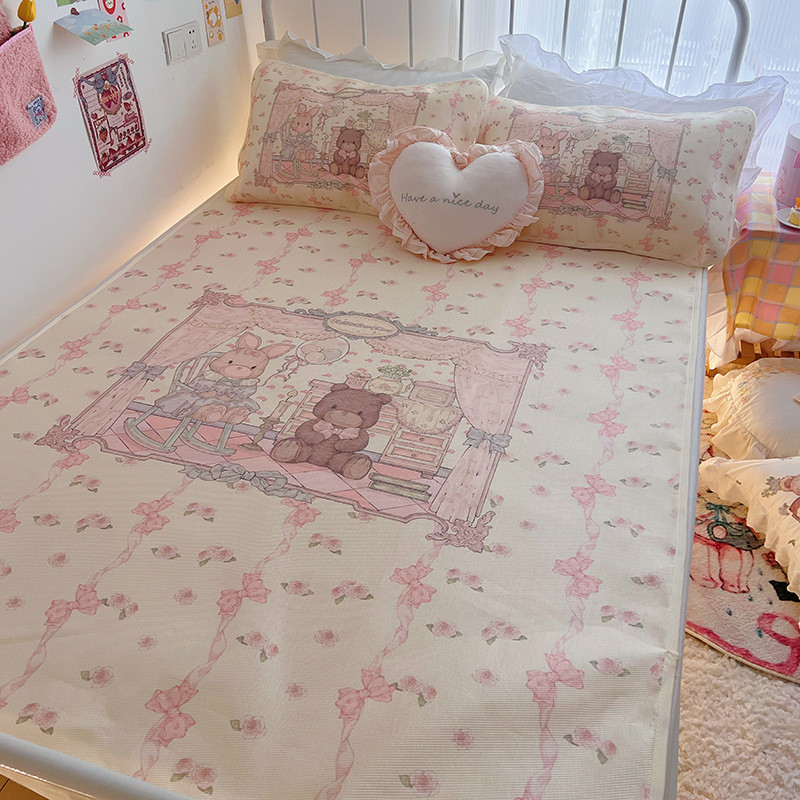 hx夏季好物冰丝凉席少女宿舍席子1.5m可爱三件套床上用品心凉感