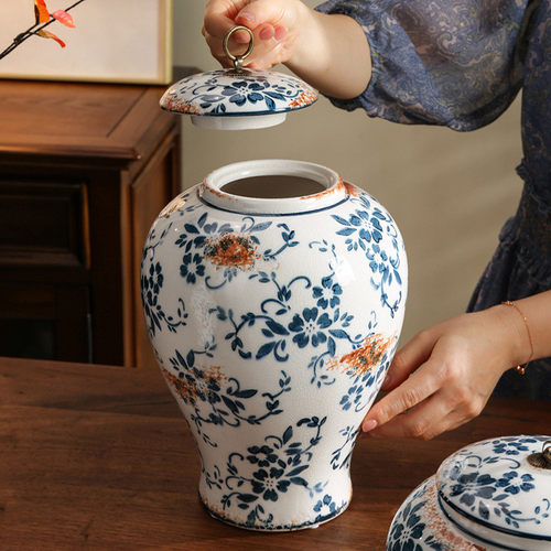 热销陶瓷仿古手绘青花瓷花瓶高级感中式客厅博古架大号插花摆件大