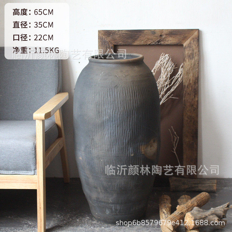 落地翁瓶黑灰色新派自然风复古陶罐花盆粗陶瘦高花瓶陶罐ins设计