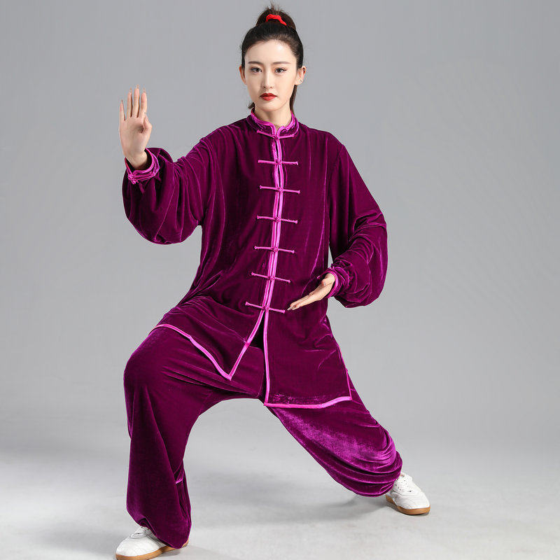 秋冬金丝绒太极服加厚武术表演比赛服男女保暖晨练中老年服练功服