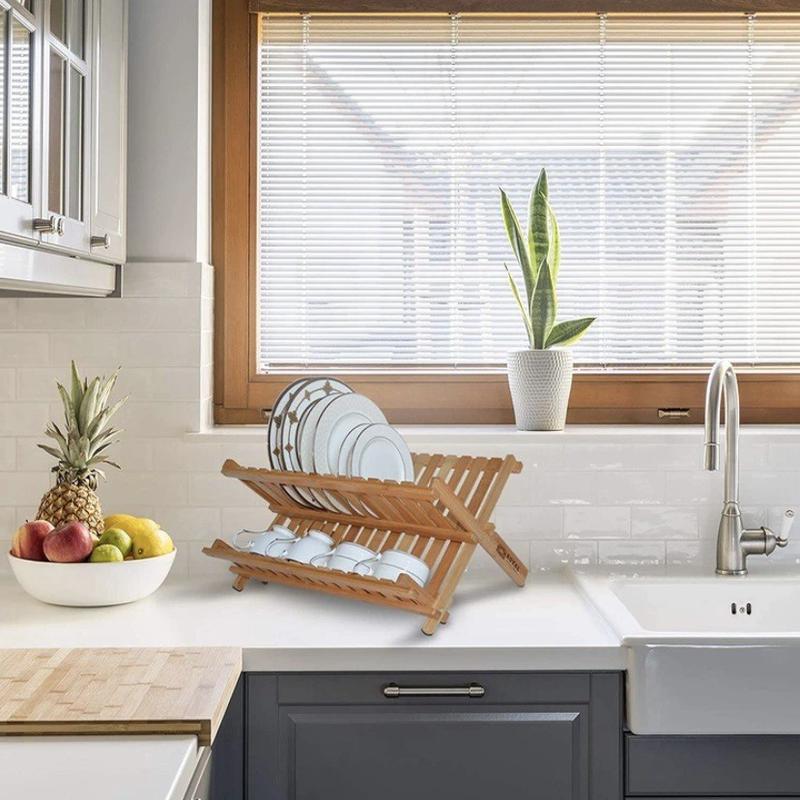 厂家现货可折叠竹制沥水架灶台2层碗碟架厨房收纳碗碟架