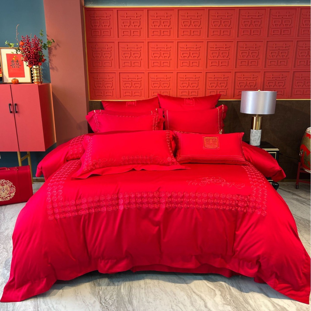 婚庆四件套婚嫁新婚床品喜事用品红色全棉被套婚床刺绣婚房玫瑰花