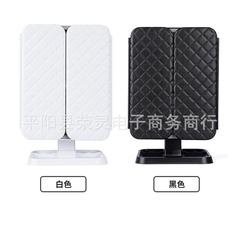 简约风led三折化妆镜可3色可调充电旋转方形皮面折叠化妆镜