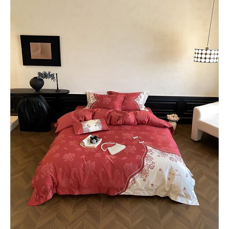 婚庆新中式长绒棉四件套全棉刺绣被套红色结婚喜被高级感婚嫁床品
