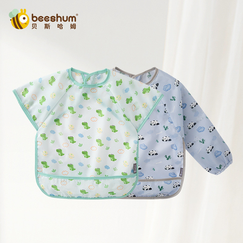 装宝宝学吃饭围兜防水防污儿童辅食反穿衣新款罩衣两件beeshum