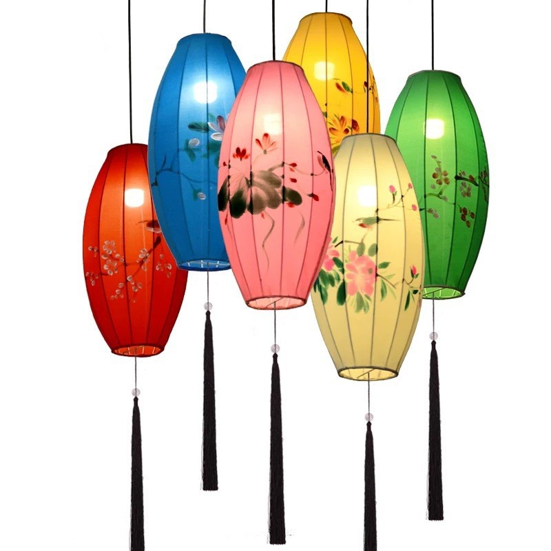 中式灯笼橄榄灯笼中国唐风彩色吊灯餐厅装饰手工绘画弹力布布艺图片