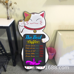 彩色招财猫造型店铺促销立式酒吧咖啡支架广告无磁黑板写荧光粉笔