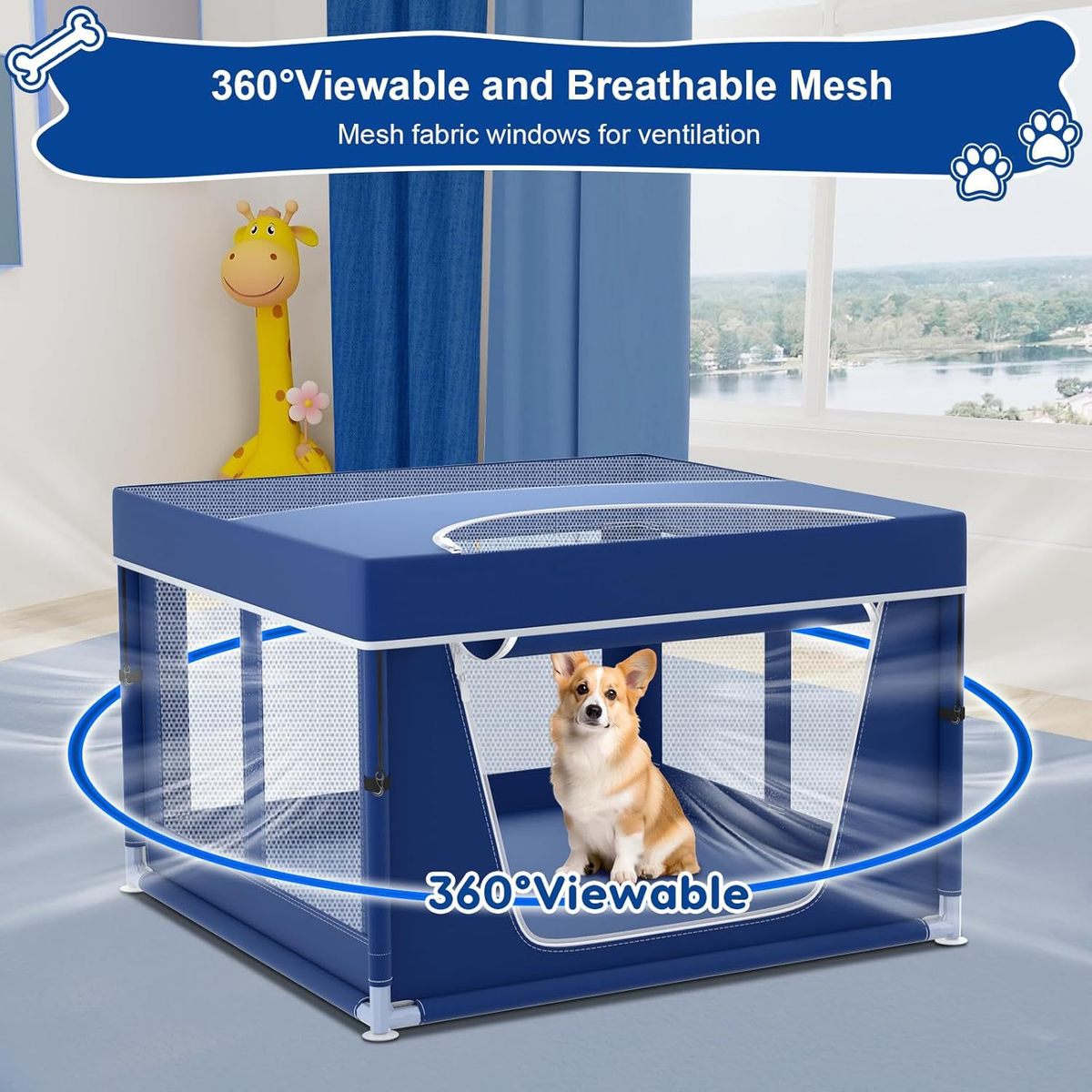 升级防护栏宠物围栏带盖牛津布耐抓折叠猫笼子狗狗围栏款室内家用