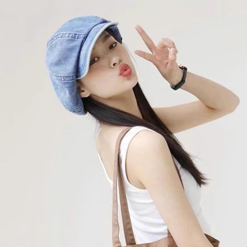 牛仔贝雷帽女复古画家帽夏季薄款大头围八角帽夏天显脸小蓝色帽子