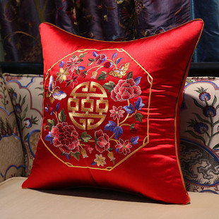 新中式抱枕红木沙发靠垫风刺绣大靠枕红色婚庆喜字结婚枕头套