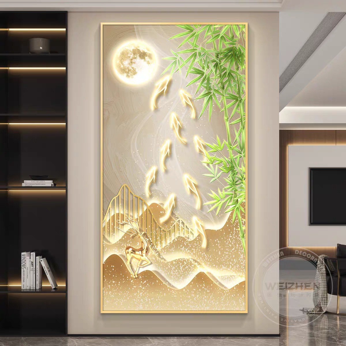走廊带灯九鱼图入户玄关装饰画led过道挂画简约高级感竹子5厘米框