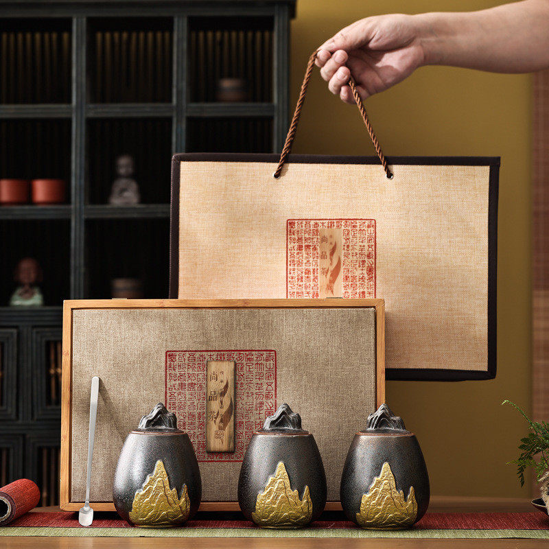 复古陶瓷茶叶罐套装高档小号3罐礼品红茶普洱熟茶茶叶包装罐空盒