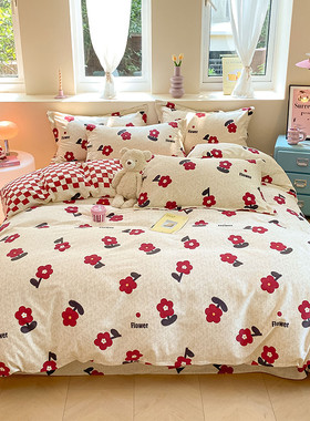 58c1ins四件套兔兔加厚磨毛碎花保暖棉被套学生床上三件套少女1.5