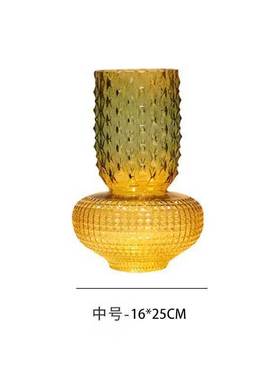 双色渐变插花纹琥珀色吹制玻璃艺术装饰花瓶客厅软装浮雕配饰